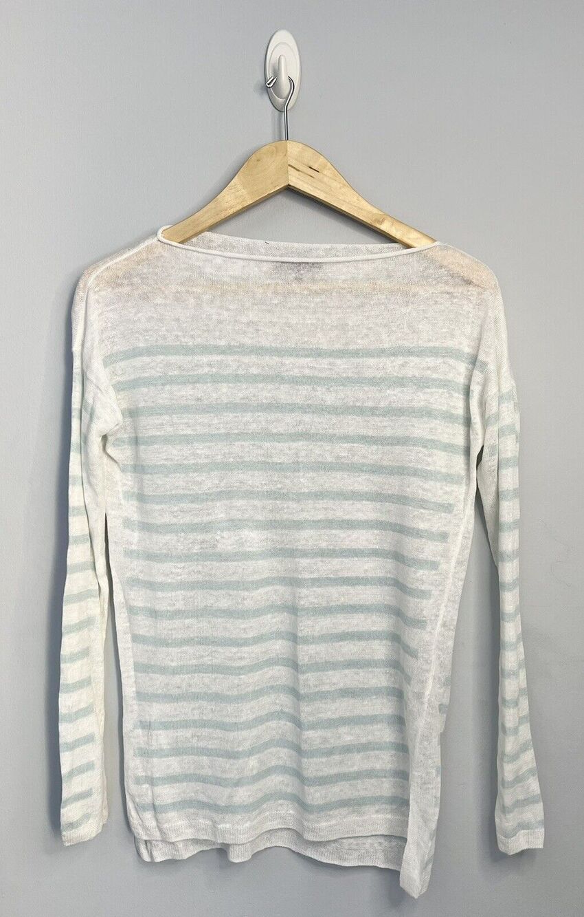 VINCE sz XS linen Sweater In white and turquoise stripes EUC